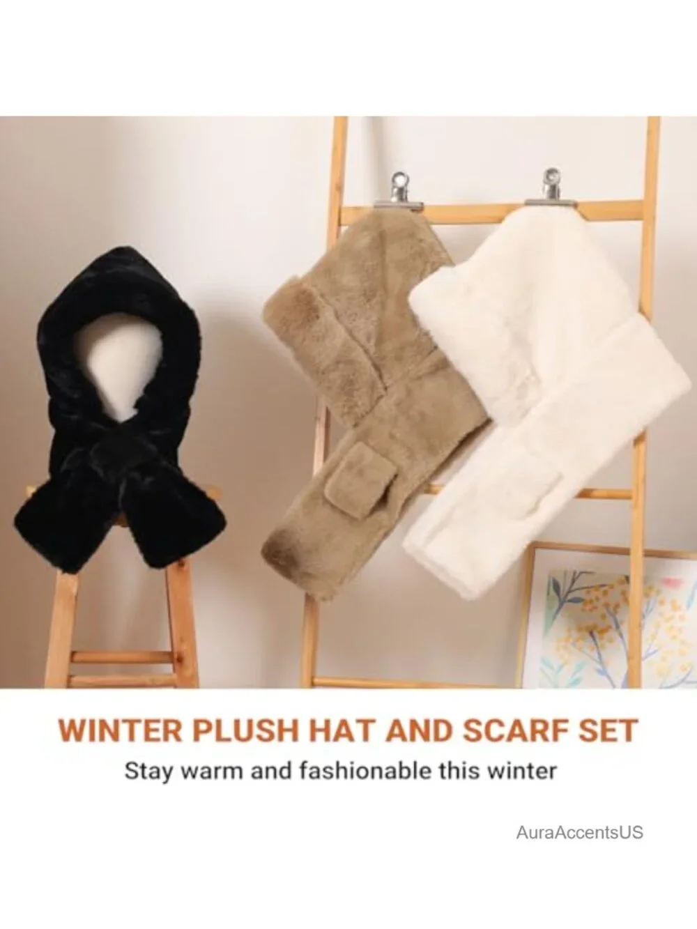 2-in-1 Hooded Scarf Hat Set for Women, Plush Fuzzy Warm Winter